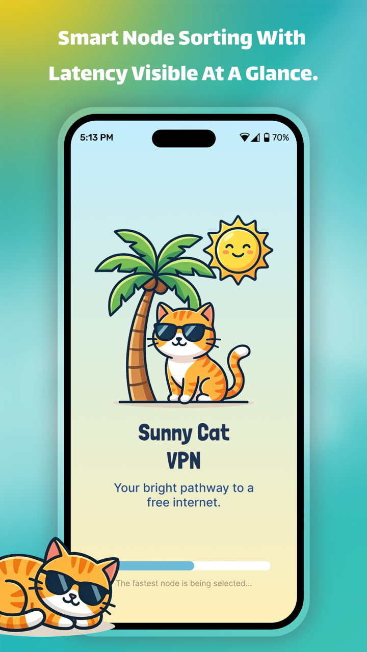 Sunny Cat VPN loading screen while selecting the fastest node