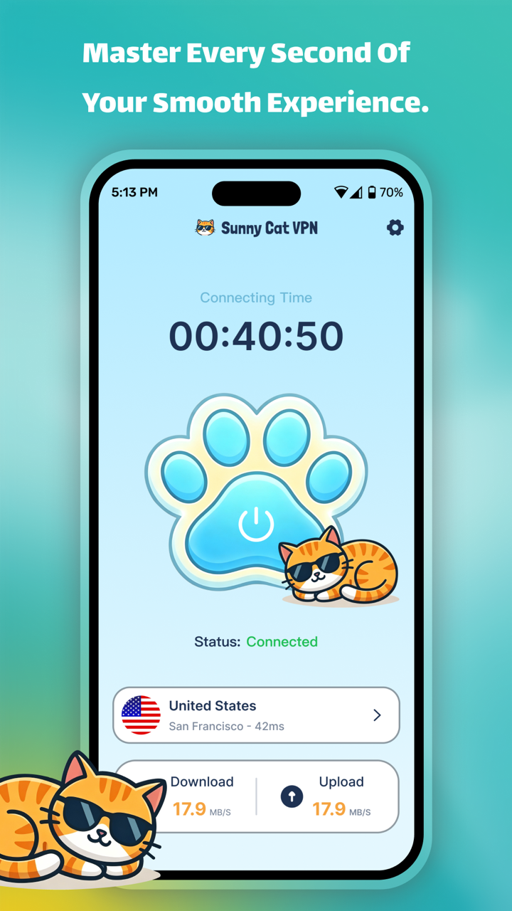 Sunny Cat VPN connected screen showing a selected United States node, connection time, download speed, and upload speed