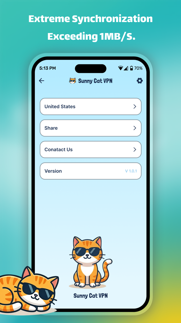 Sunny Cat VPN settings screen with location, sharing, contact, and version rows